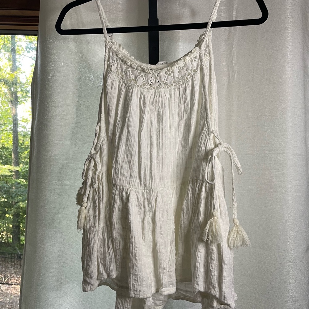 aerie White Lace-Trim Tassel Camisole